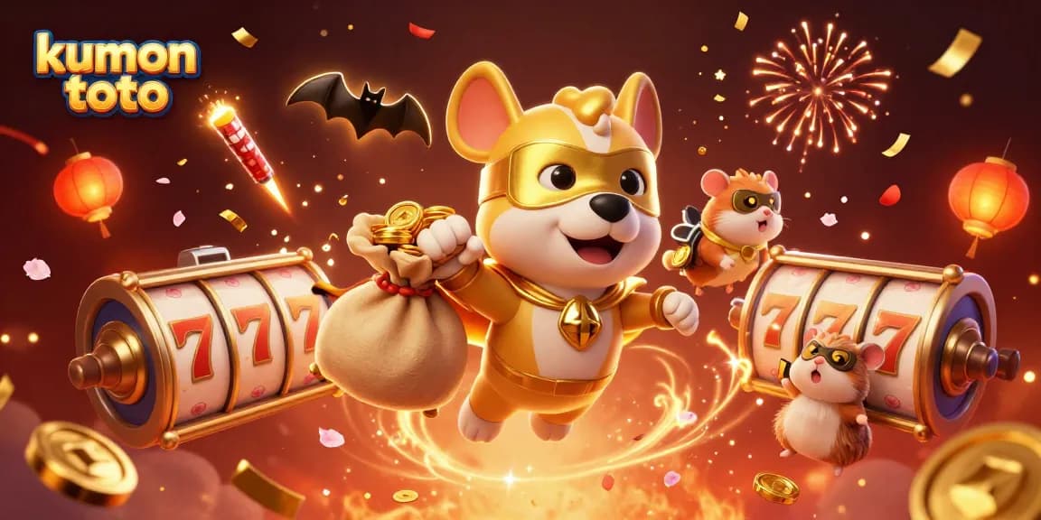 Engage with kumon toto as a superhero dog flies with a bag of gold coins in a vibrant casino scene