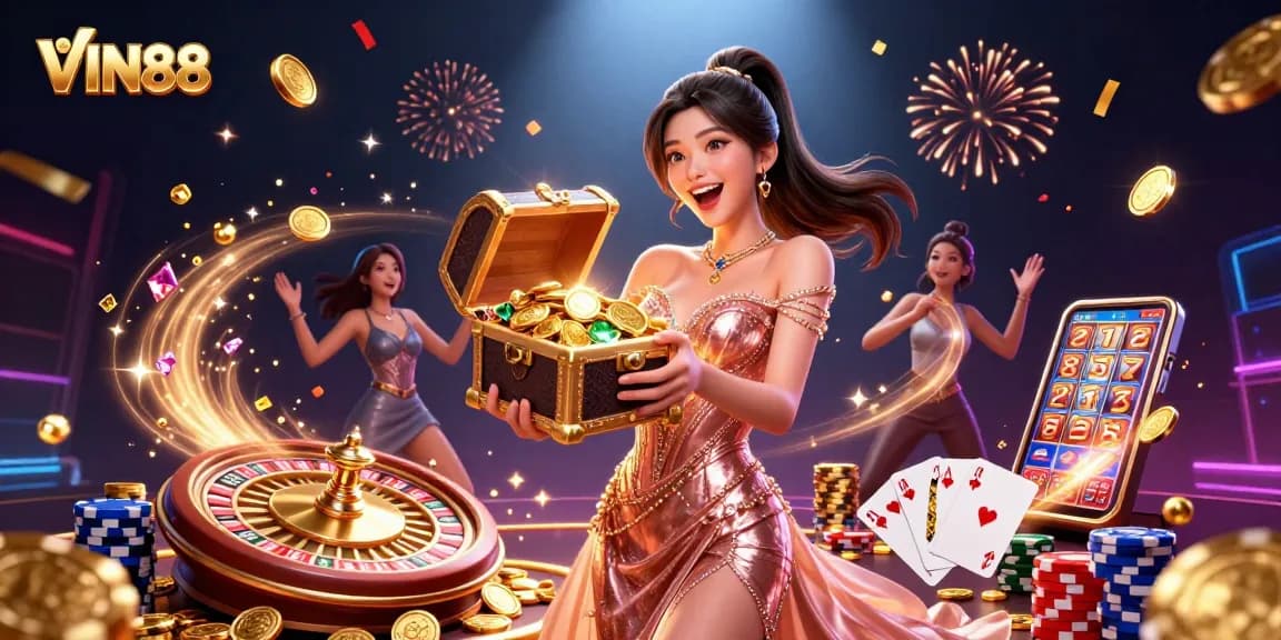 Experience VIN88's thrilling casino atmosphere with a celebration of golden treasures and excitement.