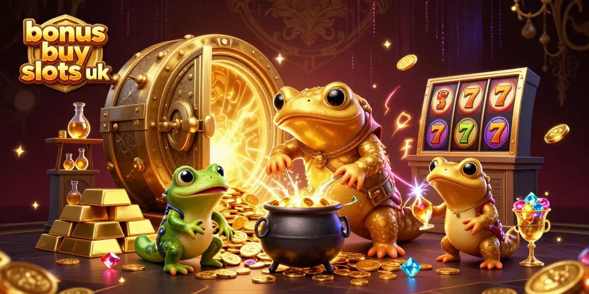 Engage with thrilling bonus buy slots UK in this vibrant casino-themed scene full of gold and excitement.