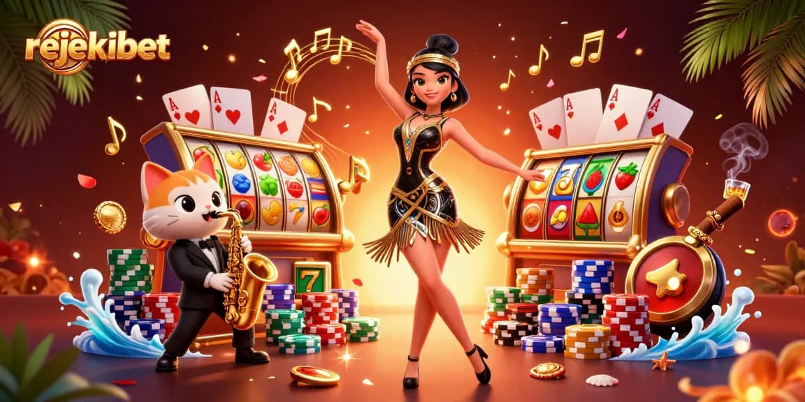 Experience thrilling wins with rejekibet's vibrant slot games and engaging characters in a dynamic casino scene.