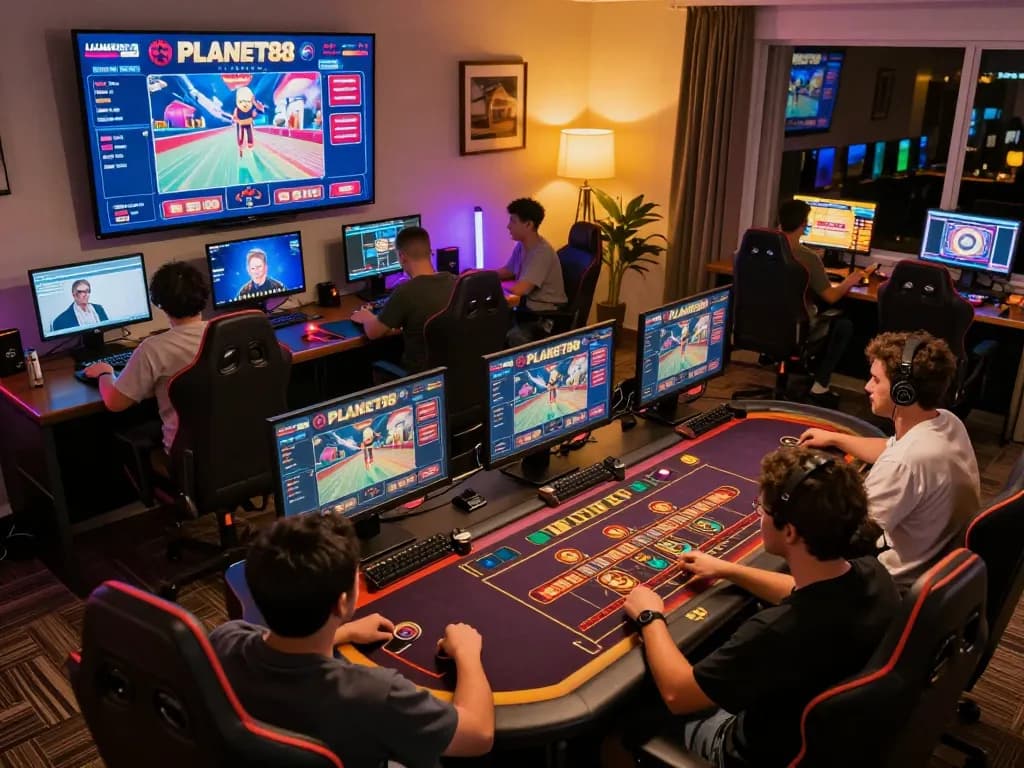 Engaged players navigating PLANET88's online casino games in a lively game room atmosphere.