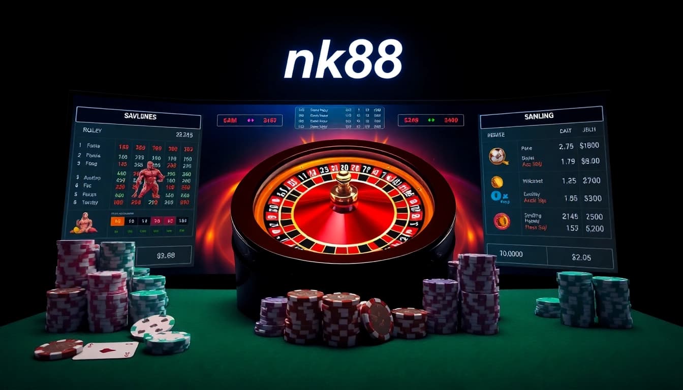Engage with NK88’s dynamic casino interface featuring high-stakes betting and vibrant poker chips
