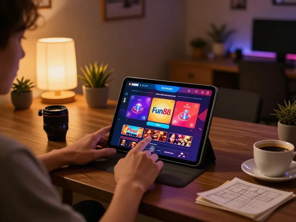 Fun88 user engaged in online casino gaming, showcasing vibrant interface and comfortable home setting.