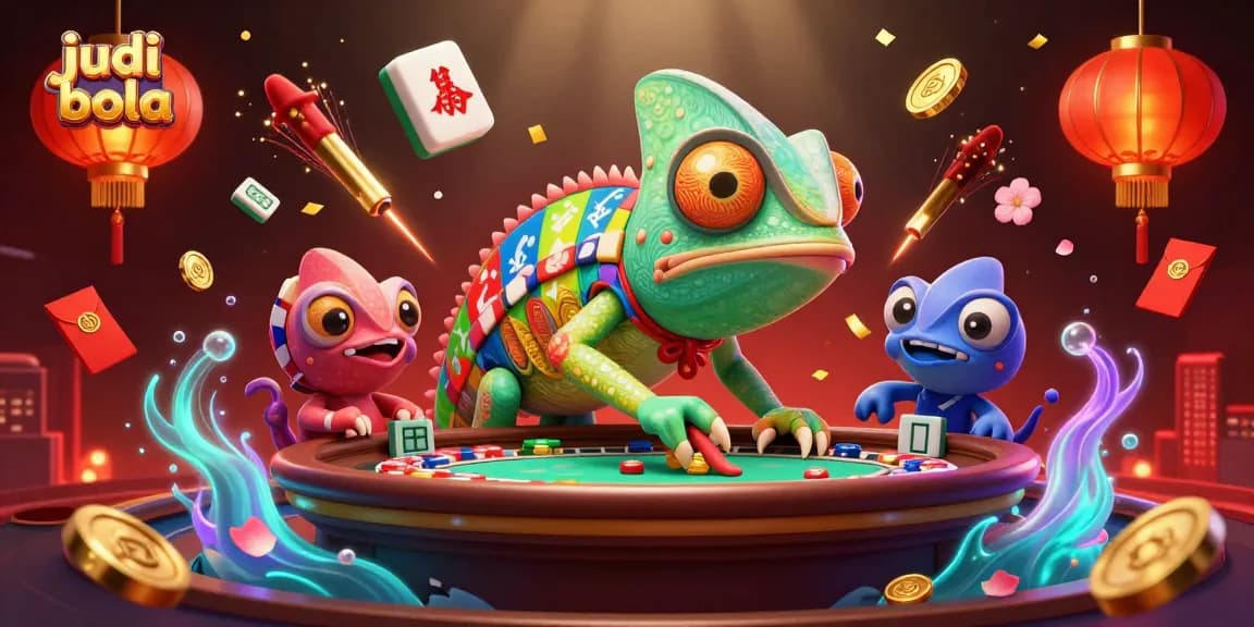 Bet on judi bola with vibrant casino elements featuring a colorful chameleon owner.