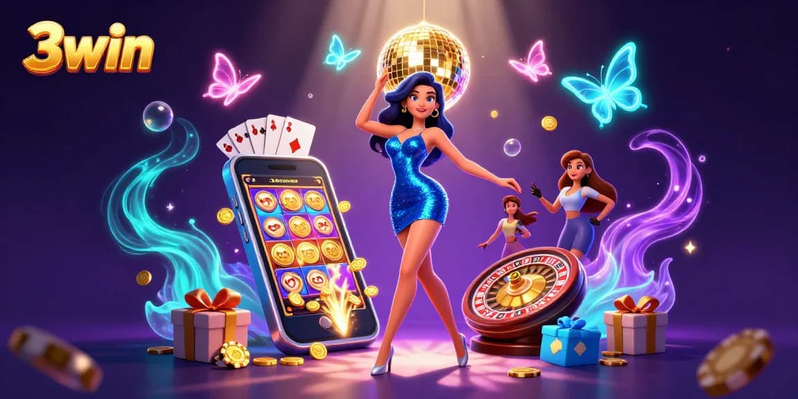 Experience the thrill of 3win with vibrant casino elements and glamorous characters dancing.