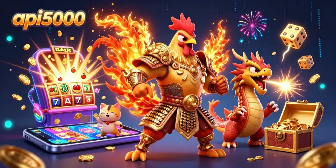 api5000 jackpot, seekor ayam jantan pejuang menghancurkan mesin slot dengan ledakan emas dan simbol keberuntungan