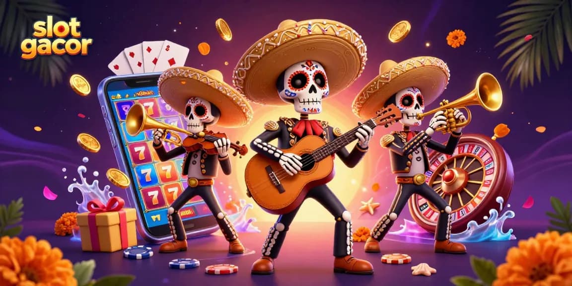 Engage with slot gacor featuring vibrant 3D skeleton mariachi band surrounded by thrilling game elements.