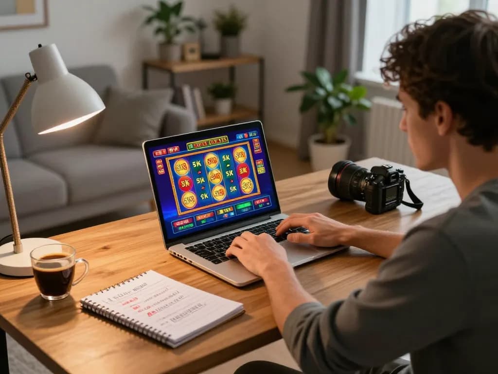Player enjoying slot 5k action on a laptop in a cozy home setting, showing strategy notes and coffee.