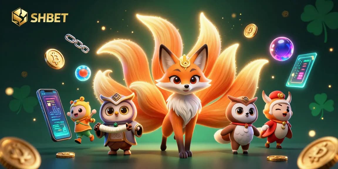 Engage in thrilling SHBET with vibrant 3D scenes showcasing crypto elements and a mystical fox spirit.