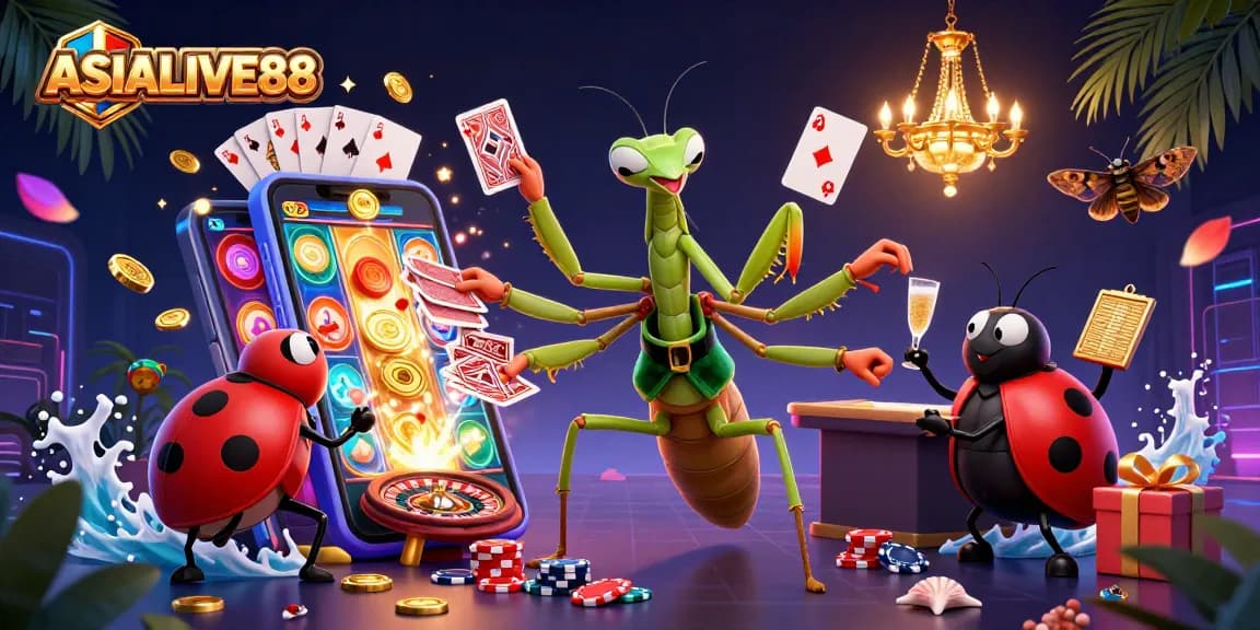 Experience ASIALIVE88's thrilling gaming scene with vibrant characters and dynamic casino elements.