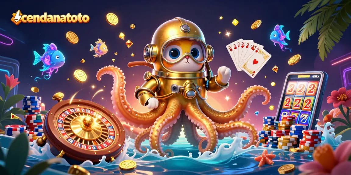 Experience thrilling wins with cendanatoto's vibrant, dynamic casino illustration featuring iconic game elements.