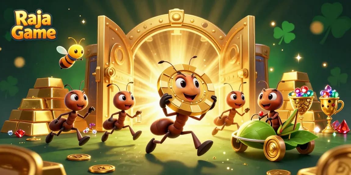 Experience thrilling gameplay on Raja Game as ants execute a heist with golden poker chips.