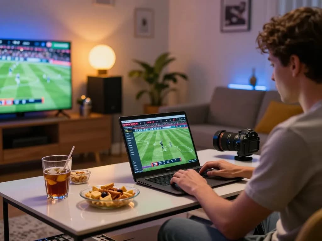 Engaged user analyzing Nowgoal football betting odds on laptop, surrounded by snacks and sports memorabilia.