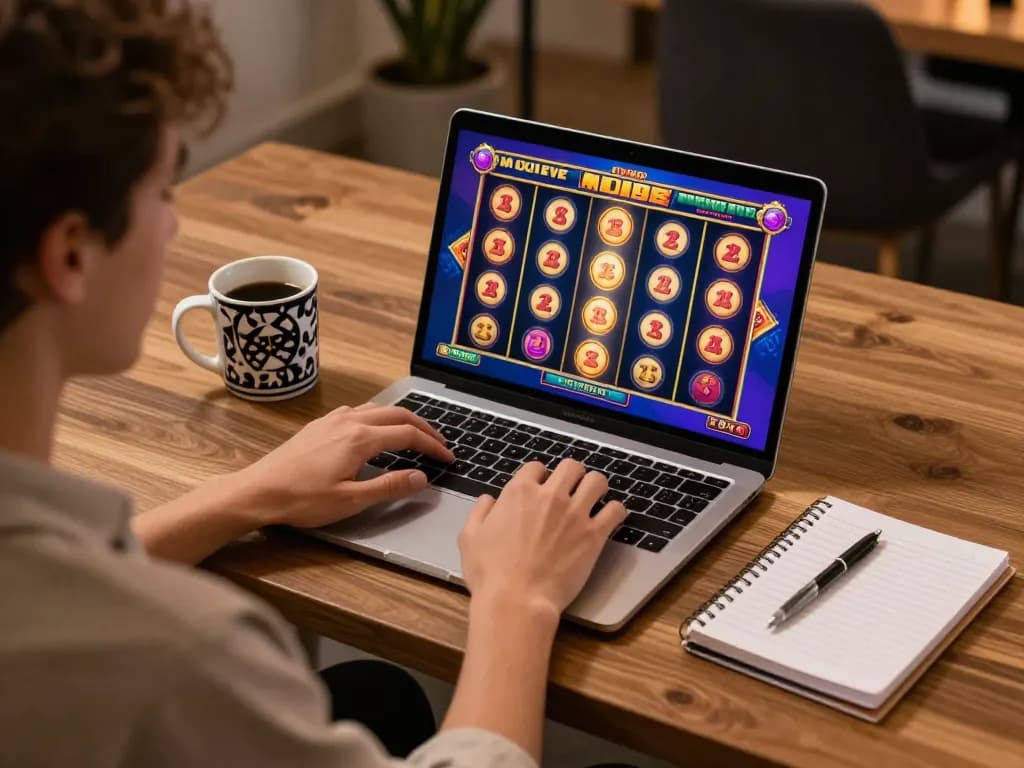 Engaging in slot gacor gampang menang gameplay on a laptop with vibrant graphics in a cozy home setting.