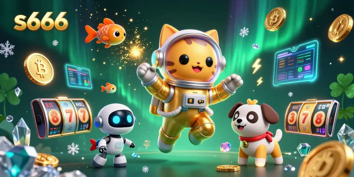 s666 slots immersive gaming experience featuring a floating astronaut cat and a robot dog in a dynamic casino-themed scene