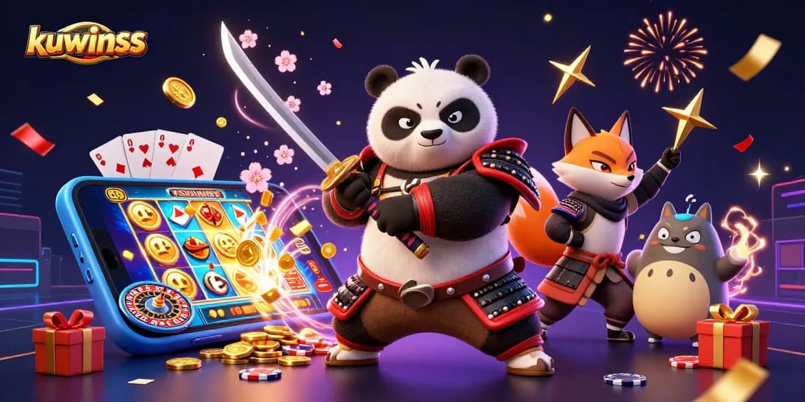 Kuwinss showcases an epic casino adventure with samurai panda and ninja fox amidst slot games, coins, and festive fireworks.