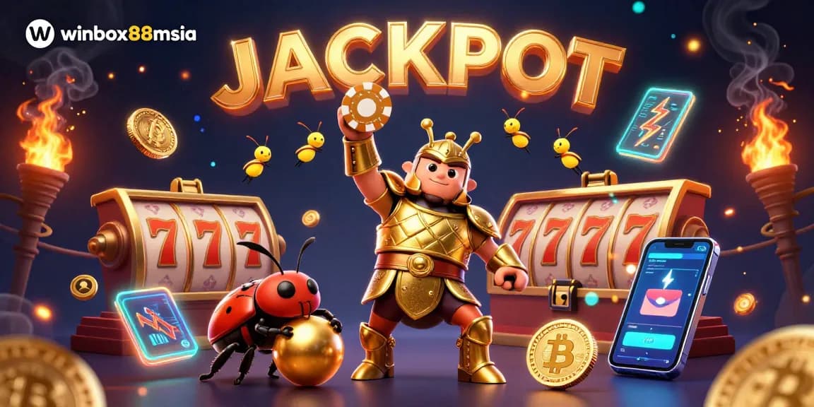 Winbox88msia celebrates victory with a vibrant 3D illustration featuring a hercules beetle and exciting casino elements.