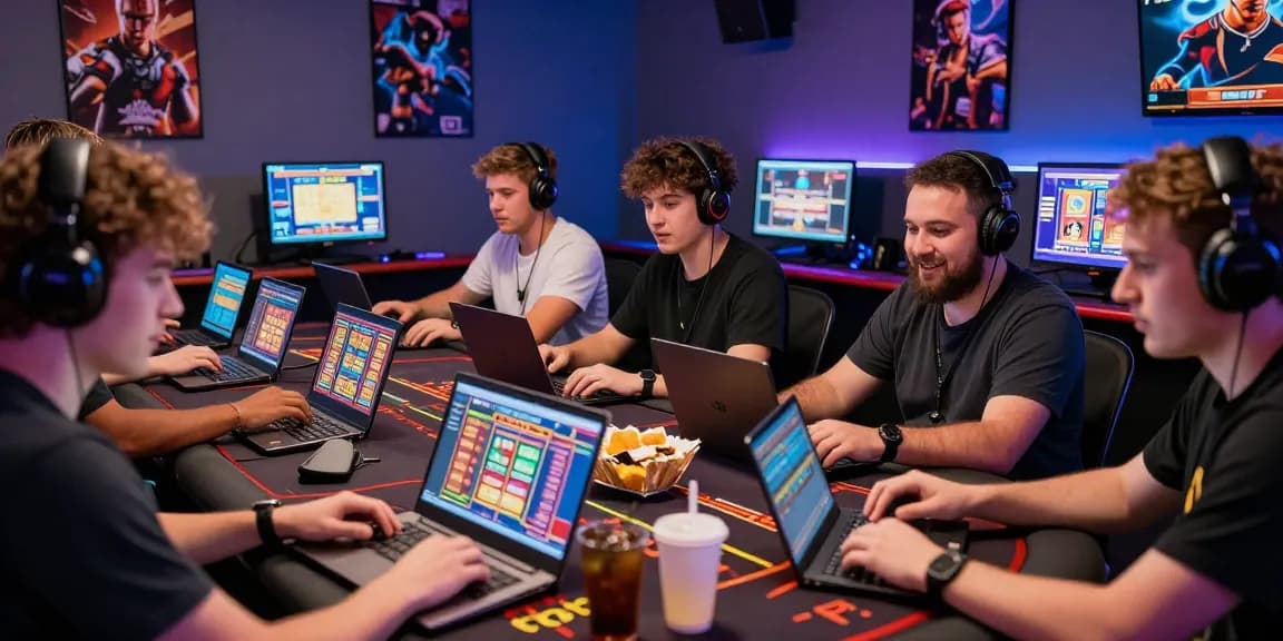 Excited players exploring credit card casinos in a vibrant online gaming setup.