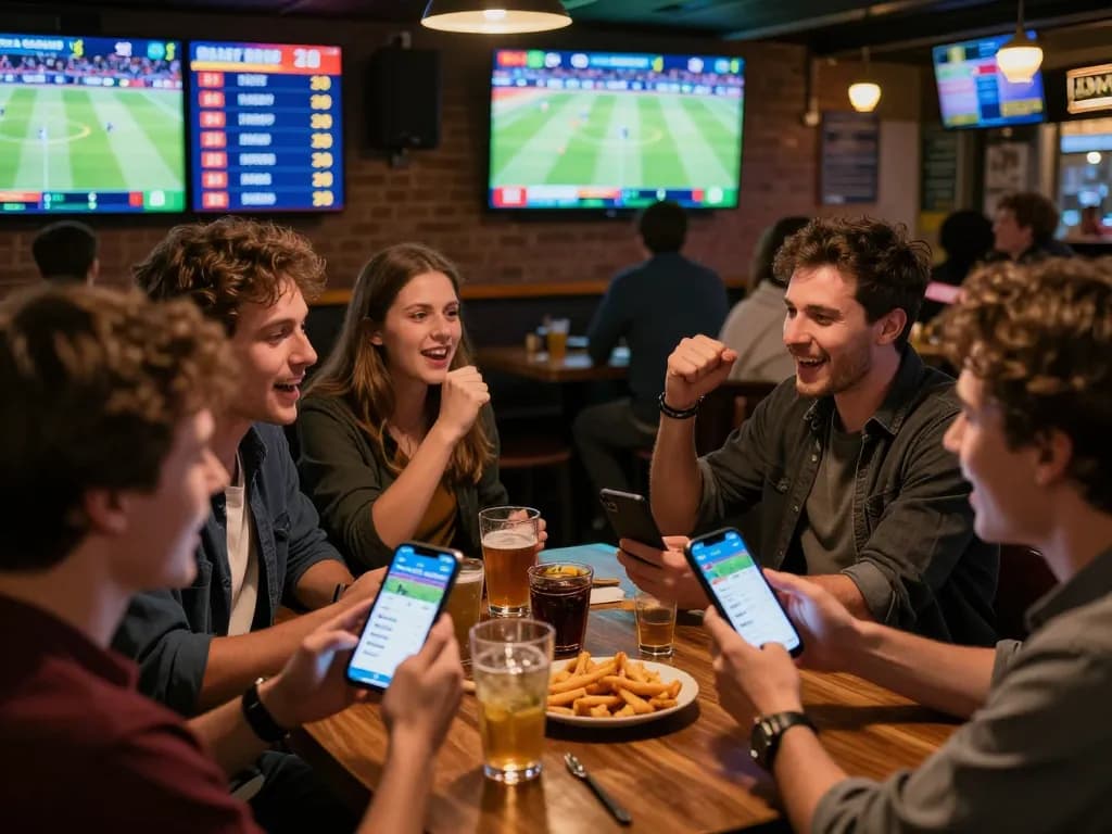 Excited bettors using the fabet app at a vibrant sports bar, cheering for live action.