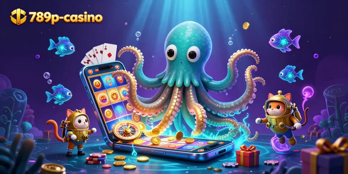 Engage with thrilling gameplay at 789p-casino, showcasing a kraken and diving cat amidst vibrant casino elements.