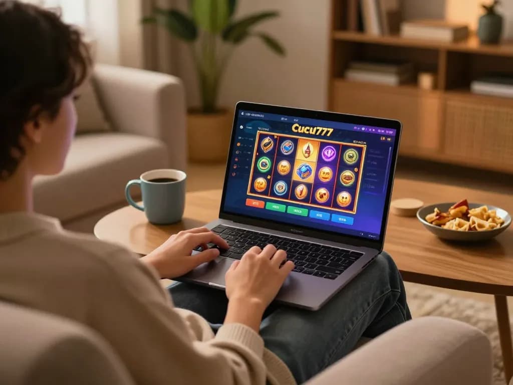 Cucu777 player engaging with vibrant slot game on laptop in a cozy living room