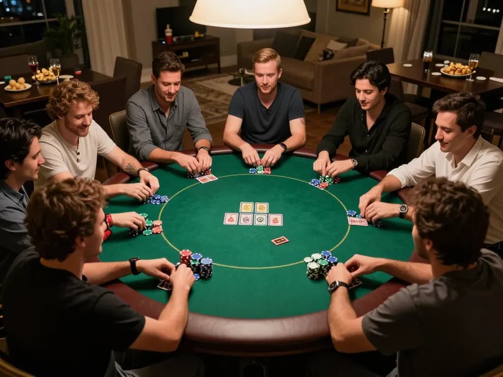 Players engage in a friendly poker game during home night with hoorayblog fans enjoying social competition and snacks.