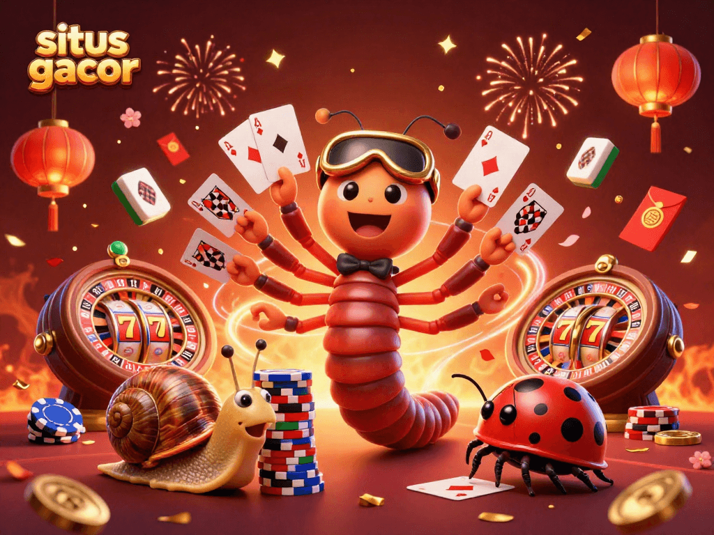 Experience excitement at situs gacor with a millipede dealer showcasing playing cards in a vibrant casino scene.