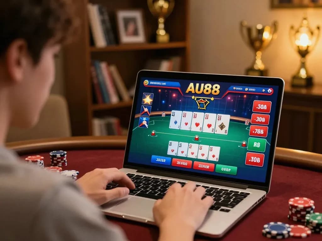 Player enjoying AU88 online casino gaming with a laptop, focusing on poker strategies and screen interface.
