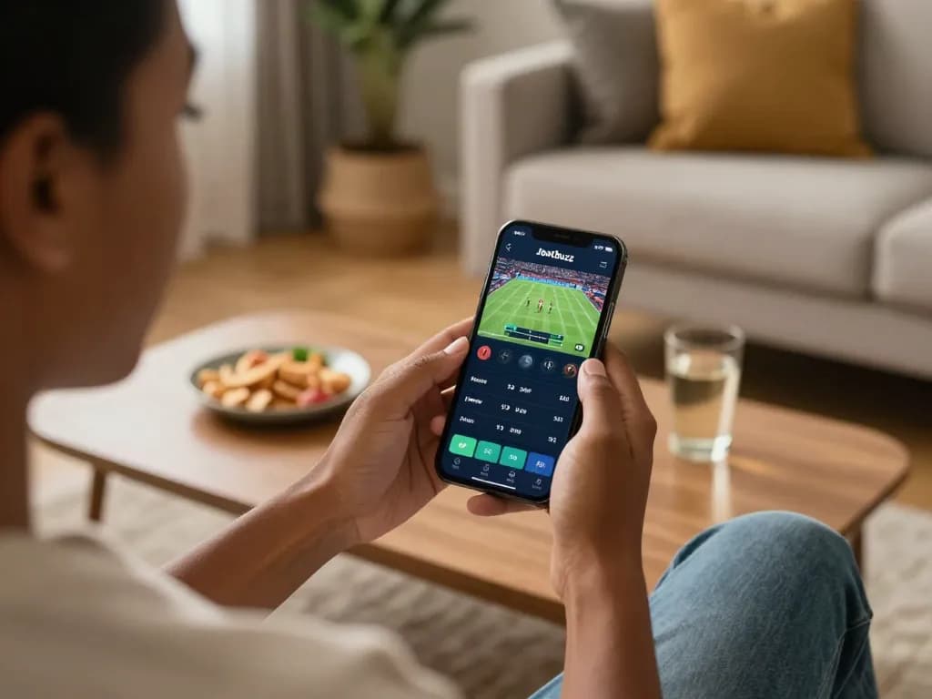 Engaging with the Jeetbuzz App for live betting in a cozy living room setting.