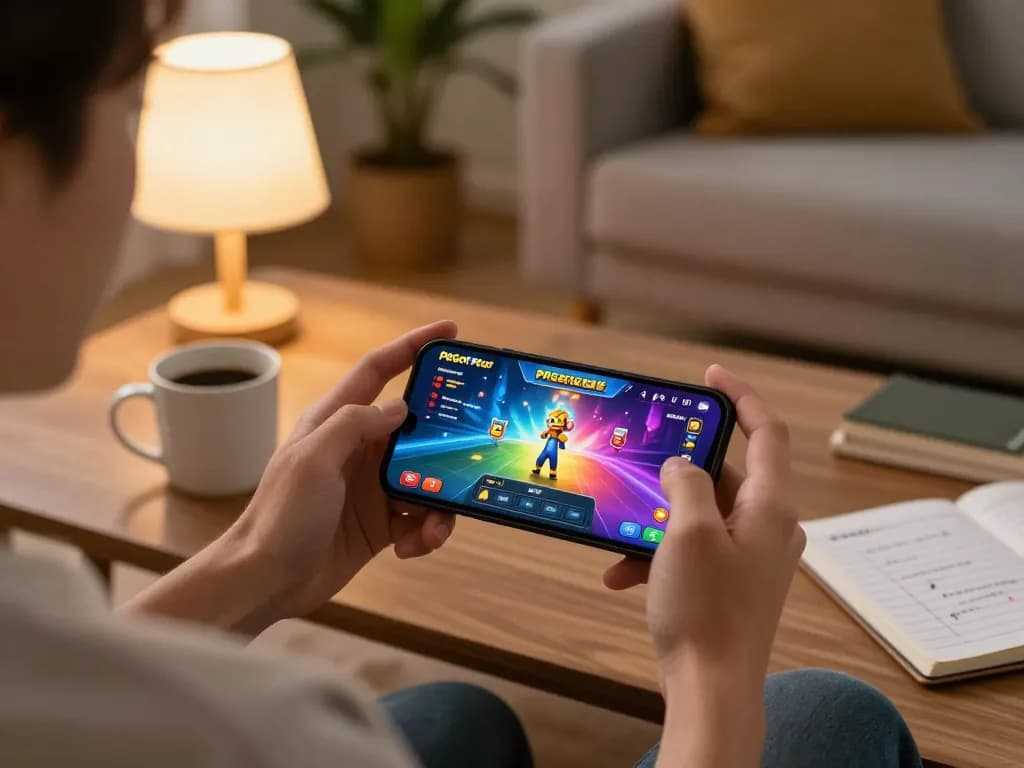 Player enjoying PGSOFT PGSlot on mobile, showcasing vibrant game graphics and cozy atmosphere
