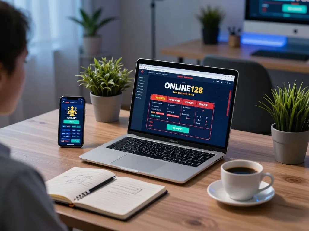 Engaging in ONLINE128 online casino gaming from a stylish home office setup, showcasing betting apps and strategic notes.