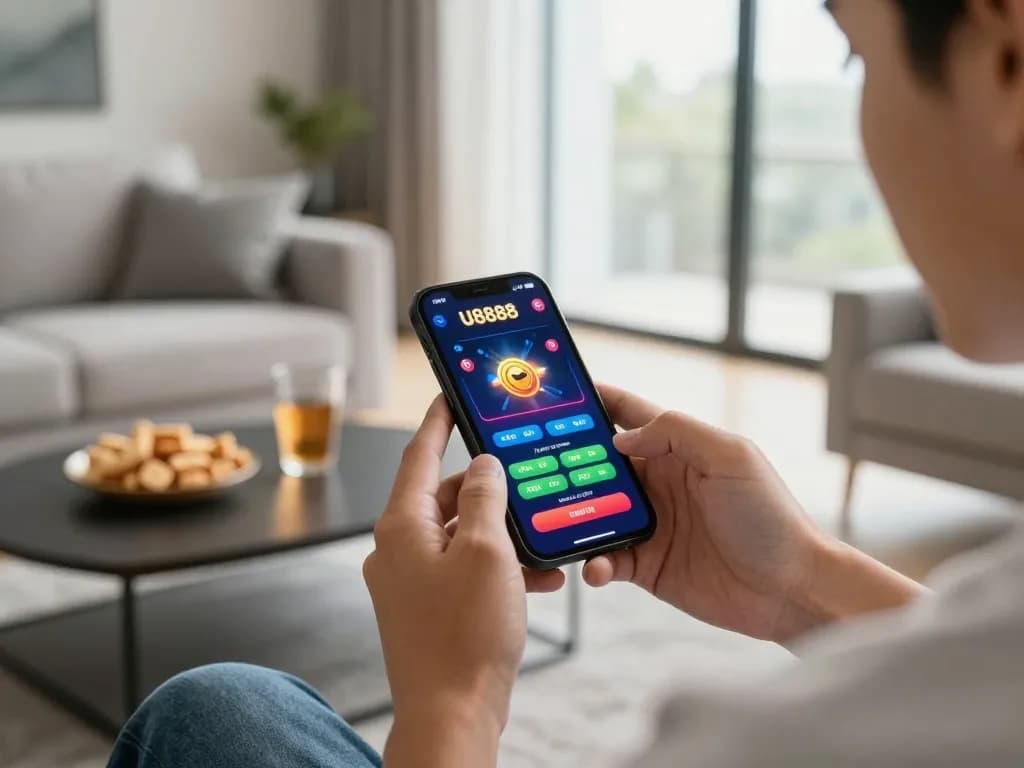 Player engaged in online betting with U8888 app on smartphone in a cozy living room setting.