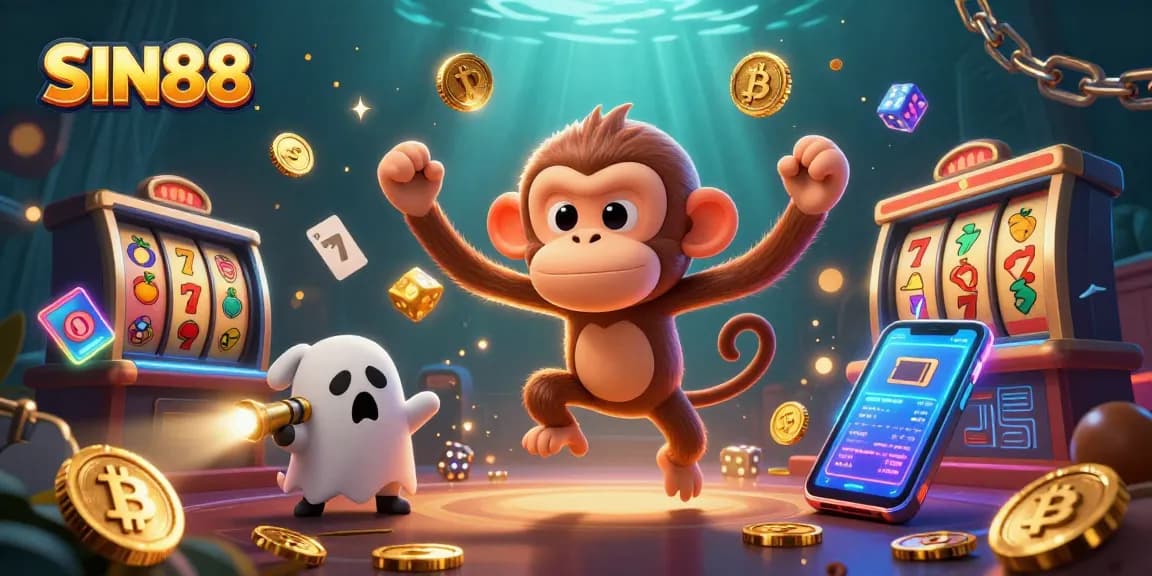 SIN88 immersive casino adventure with a playful ghost monkey and curious puppy, exploring slot machines.