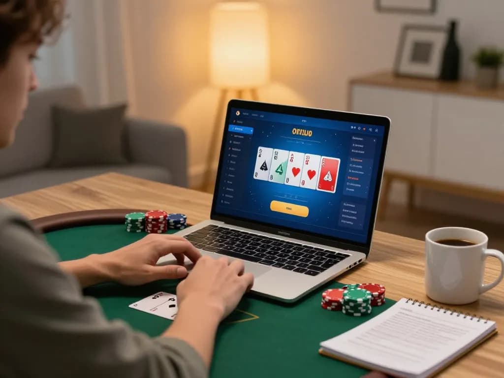 Player engaging in online poker on laptop, SC88 gaming interface visible, highlighting strategic gameplay.