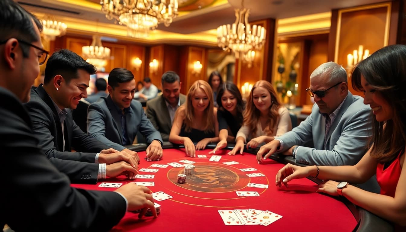 W88 players engaged in an exciting table game at a vibrant casino setting.