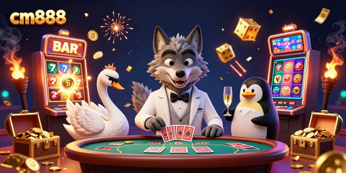 Experience the vibrant excitement of cm888 as a debonair wolf plays baccarat alongside unique animal characters and a thriving jackpot scene.
