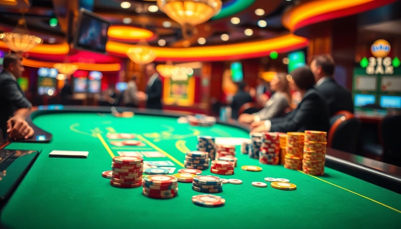 Explore enticing casino bonuses with vibrant game tables and dynamic atmosphere.