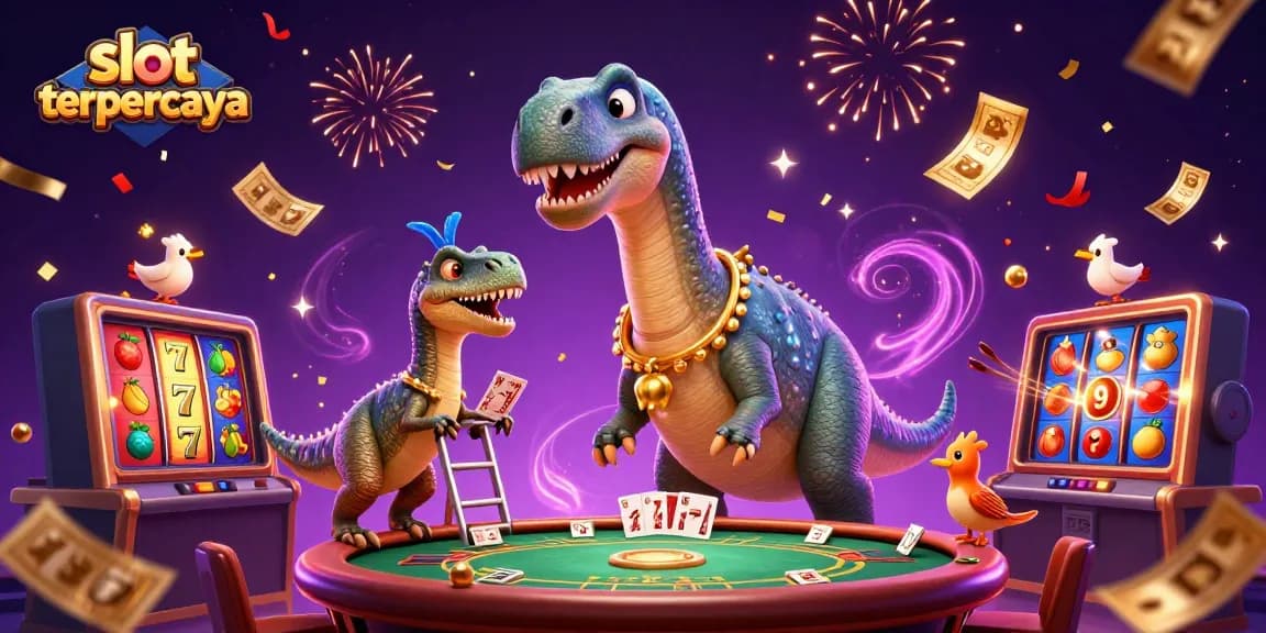 Win big with slot terpercaya as a playful brontosaurus and raptor create a lively casino scene.