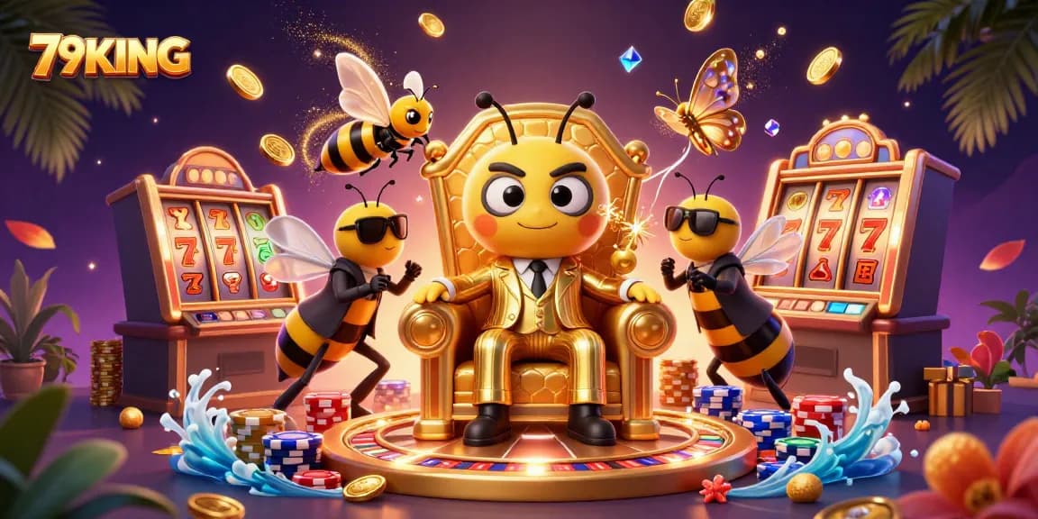Experience thrilling gameplay at 79KING with vibrant slot machine reels and captivating casino characters.