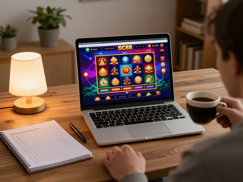 Player experiencing thrilling SC88 slot gameplay on laptop in a cozy home setting