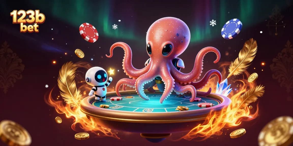Engage in 123b bet with a cosmic octopus at an intergalactic poker table surrounded by vibrant gaming elements.
