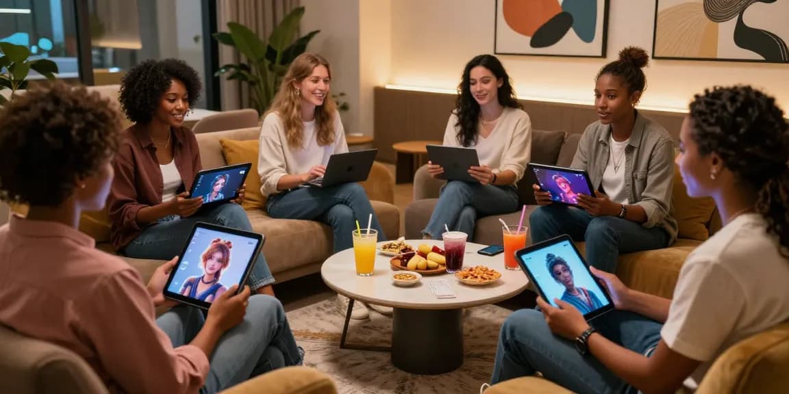 Engaging NSFW AI interaction among diverse individuals in a cozy lounge, showcasing vibrant character chats.