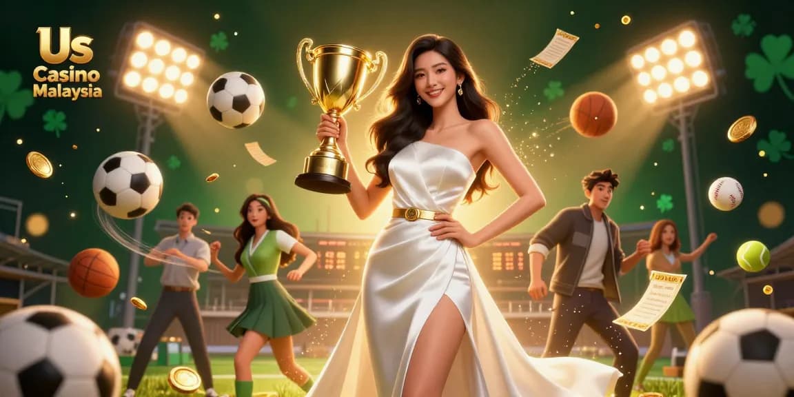Experience excitement at Us Casino Malaysia with a stunning Asian woman celebrating victory in a vibrant sports betting scene.