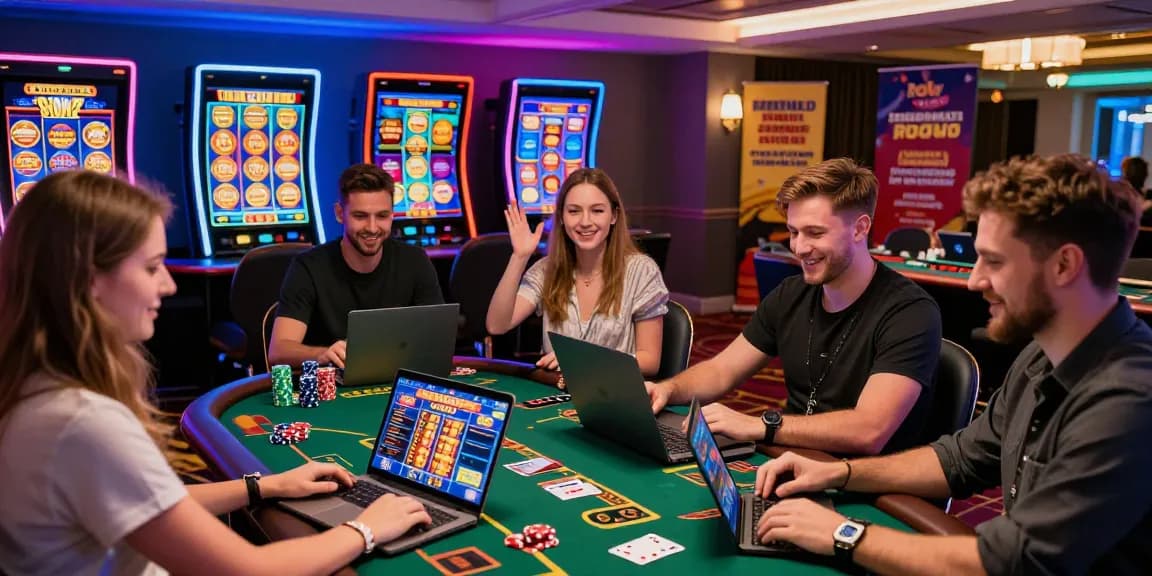 UK players enjoying gaming at non UK casinos with vibrant LED lights and colorful screens.