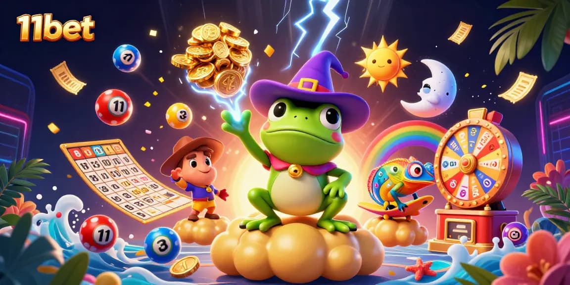 Experience the excitement of 11bet with vibrant lottery elements and magical characters in a dynamic casino atmosphere.