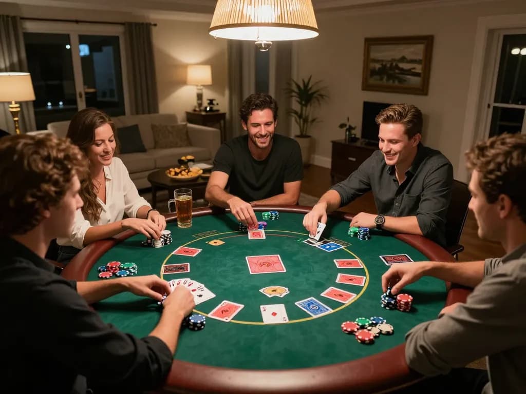megaplus88 poker game night with friends celebrating a winning hand in a cozy home setting