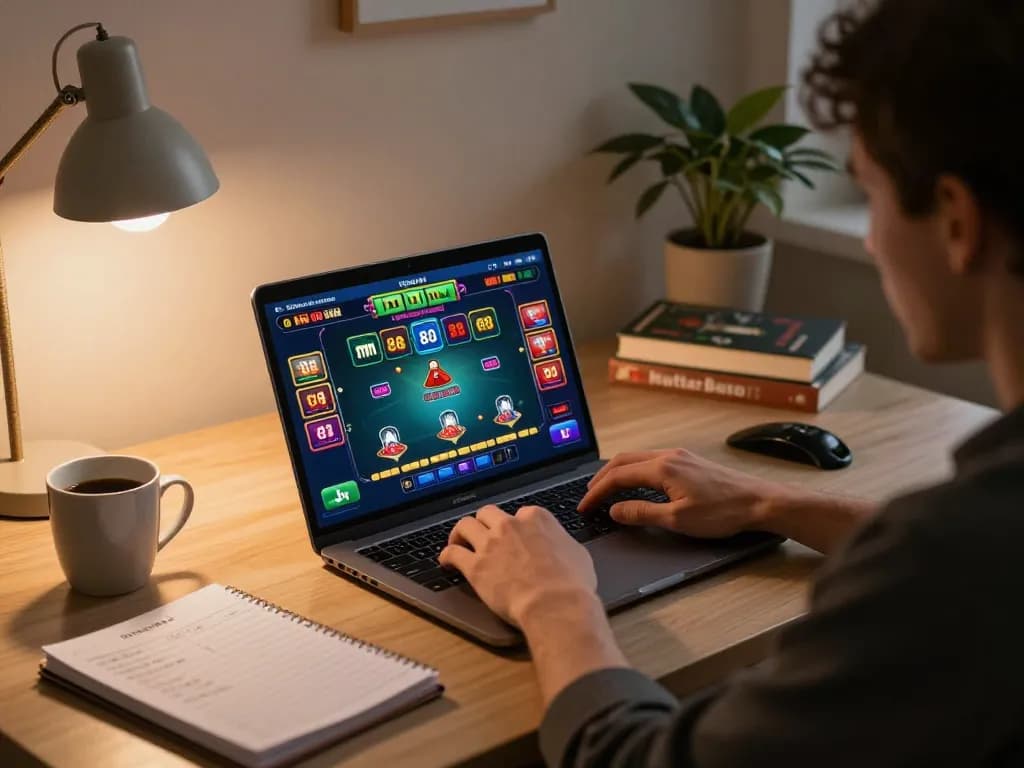Engaging in mm 88 online casino gameplay on a laptop at a stylish home desk, focusing on strategic betting decisions.
