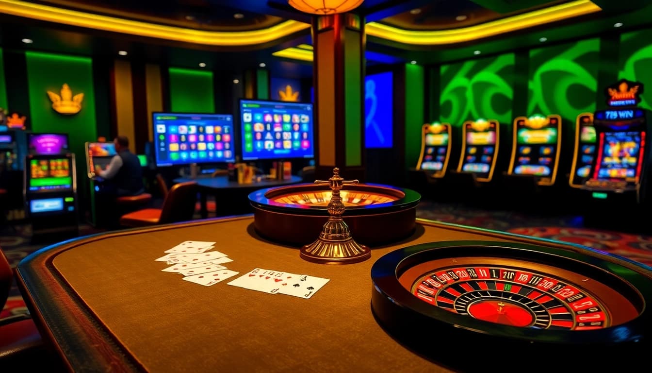 Players strategizing at 789win casino tables with vibrant slot machines and roulette wheel.