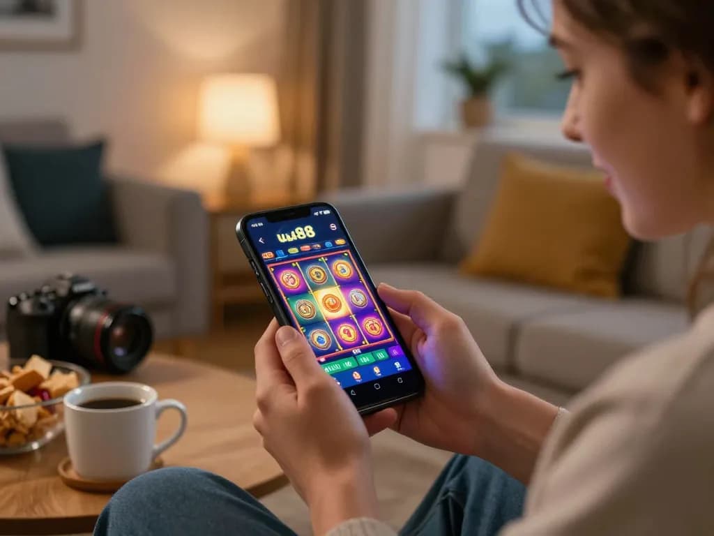 Player using the uu88 mobile app to spin colorful slot game reels during cozy home gaming.