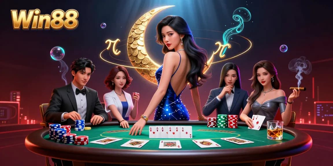 Win88 casino illustration with vibrant colors, showcasing poker excitement and rich gameplay.